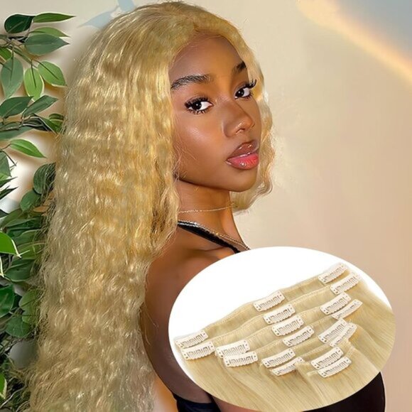 New Clip-In Hair Extensions 120g 8pcs Blonde Kinky Straight Human Hair 20 #613